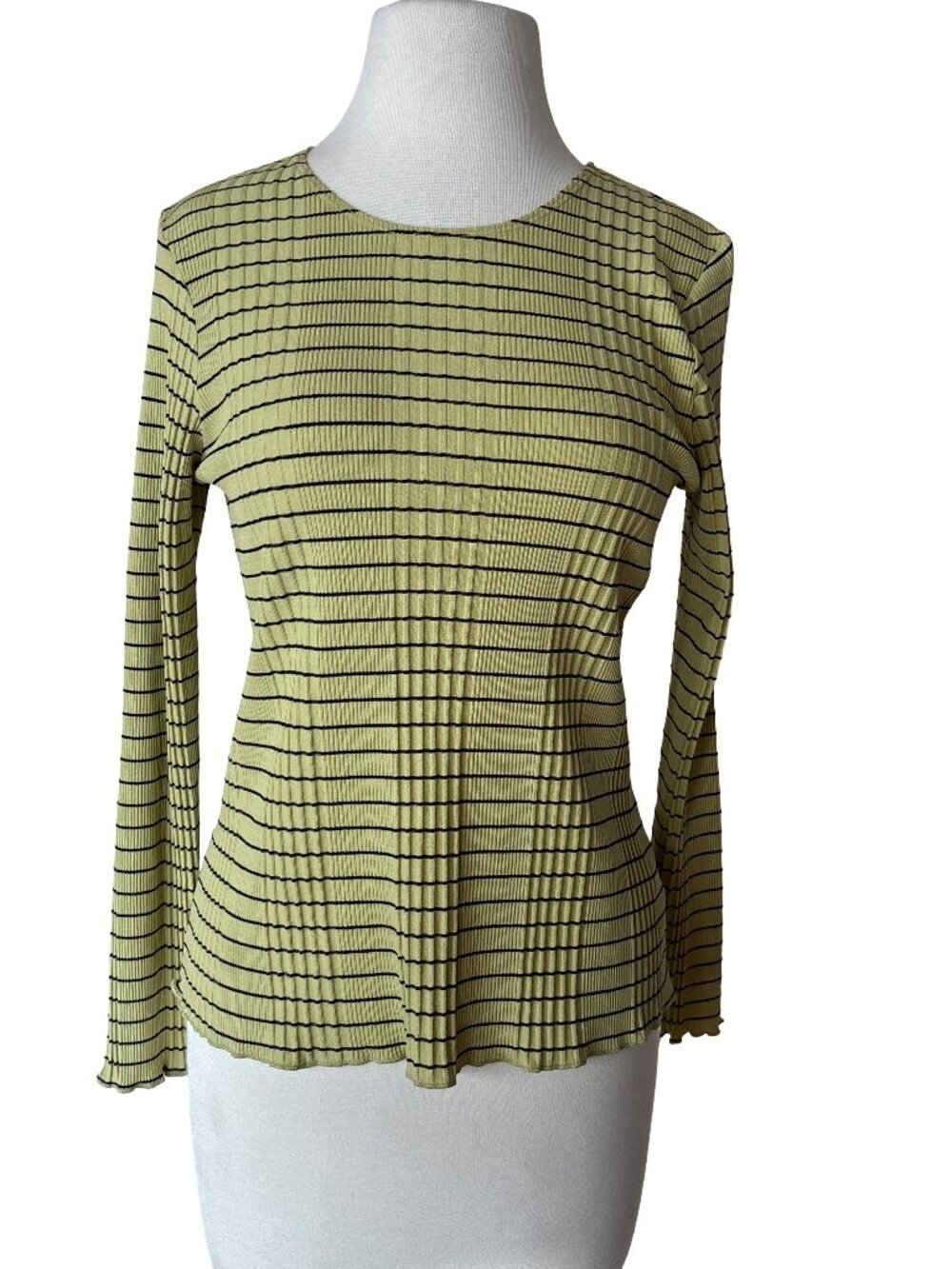 NWT Fenini Chartreuse Yellow Green Striped Textured Long Sleeve Ribbed Y2K Shirt